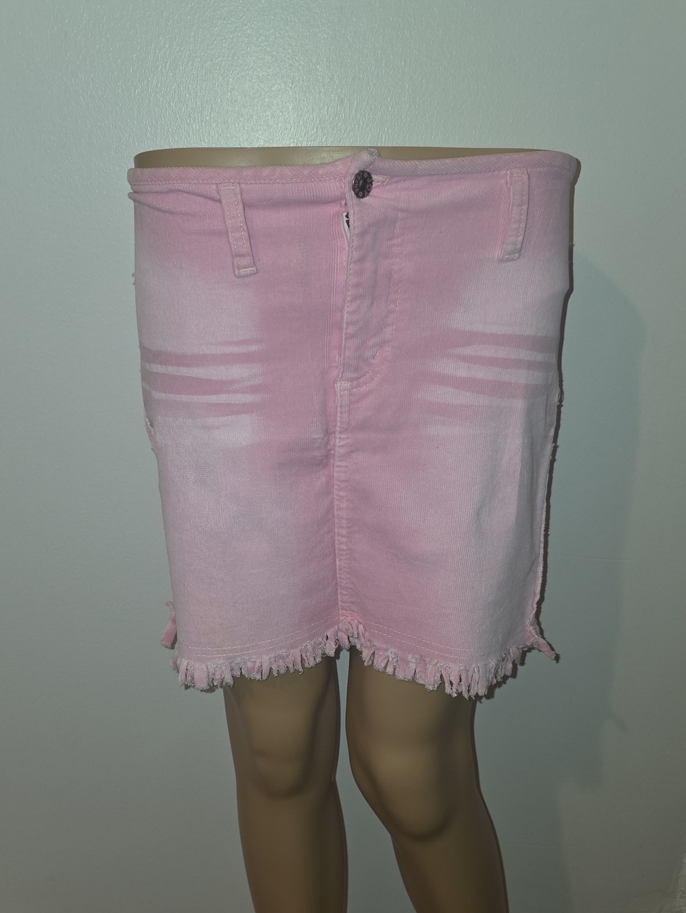 Pink Frayed Hem Denim Mini Skirt